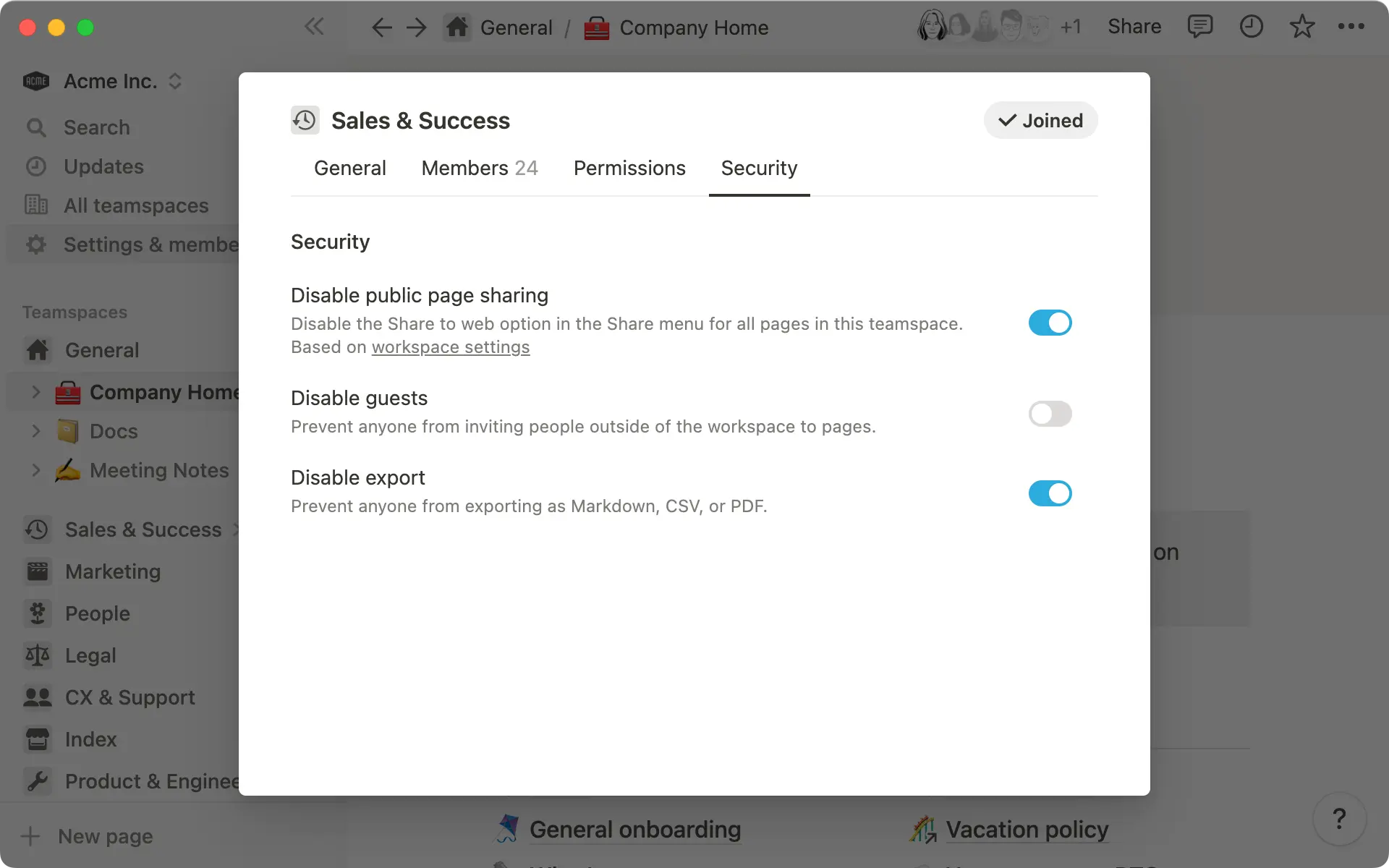 At the teamspace level, some settings will be based on workspace settings.