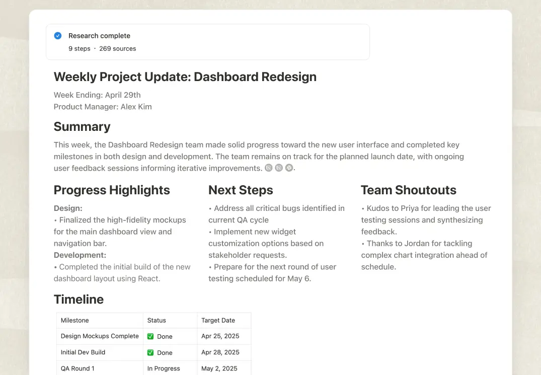 Weekly project update