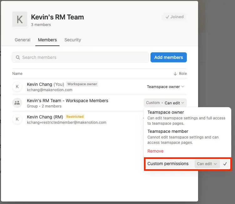 hc: assign permission group to restricted members in a teamspace
