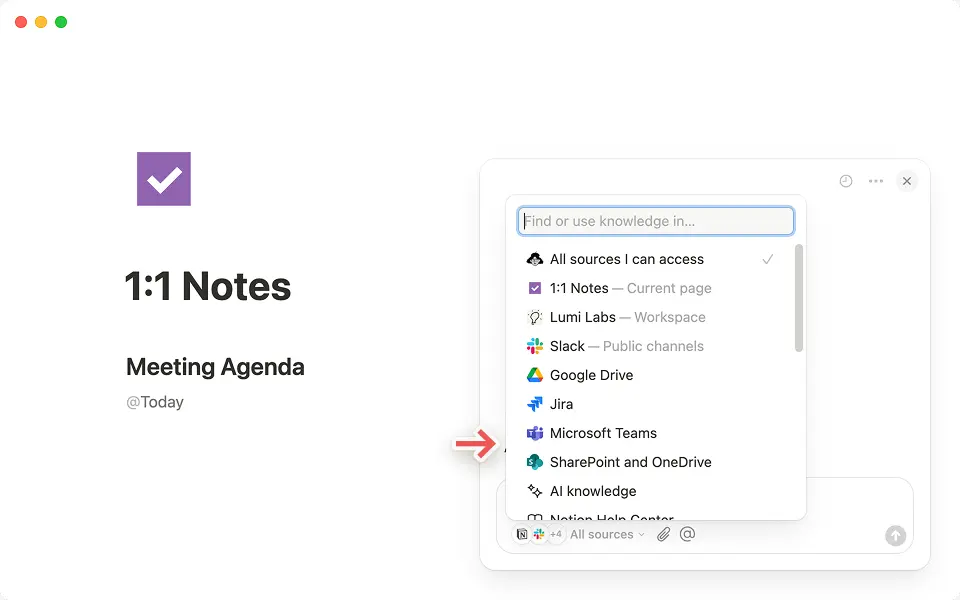 Select the + Connect apps option in the “All source” tab of your Notion AI chat to get started.