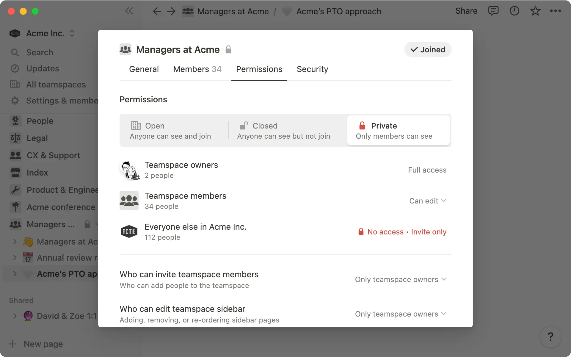 Use teamspace permissions to determine who can access content within a teamspace.